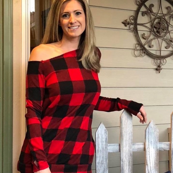 Tops - New Buffalo Plaid Sweater One Shoulder Thumb Holes